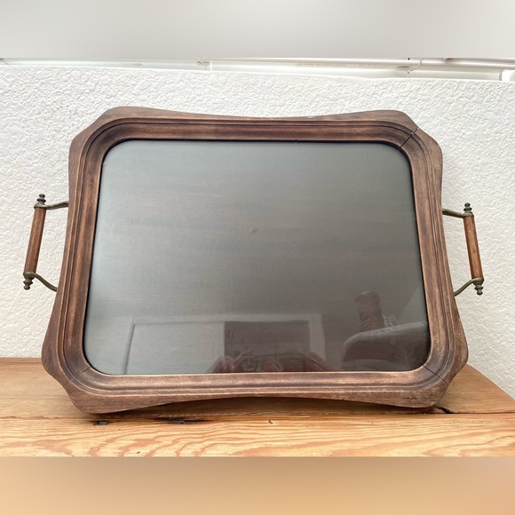 Antique Serving Tray with Glass Top and Brass Handles